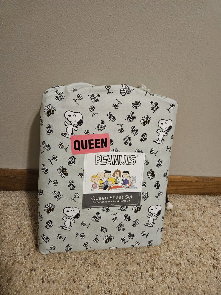 Peanuts Snoopy Woodstock Spring Floral Bees Queen Bed Sheets Set Mint