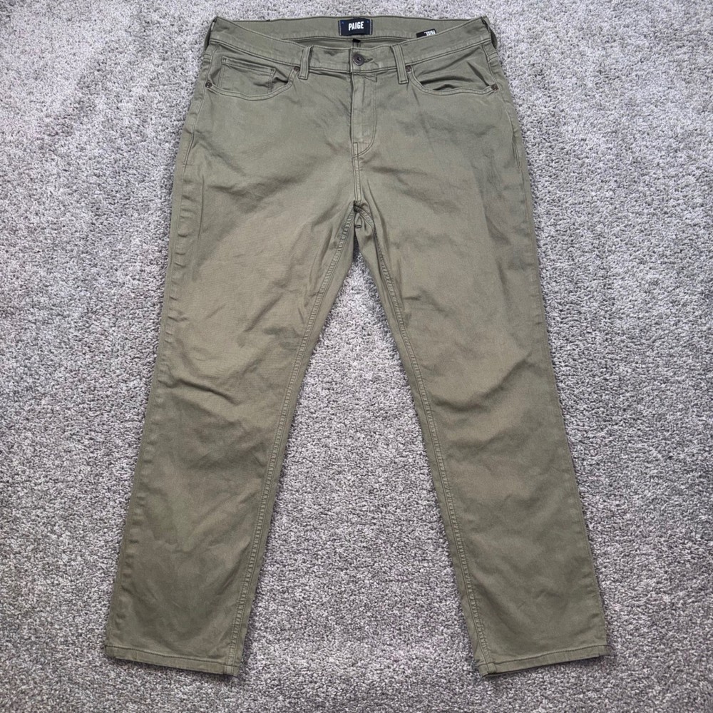 Paige Federal Pants Mens Stretch Slim Straight Olive Green 34 Excellent