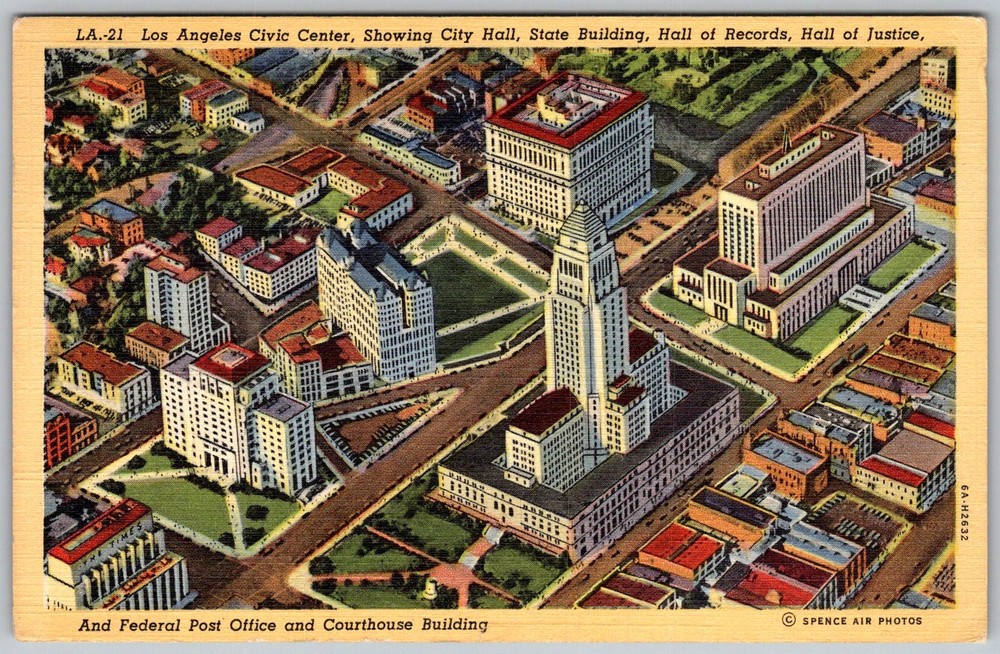 Vtg Linen Postcard City Hall Tower & Los Angeles, CA 1940s