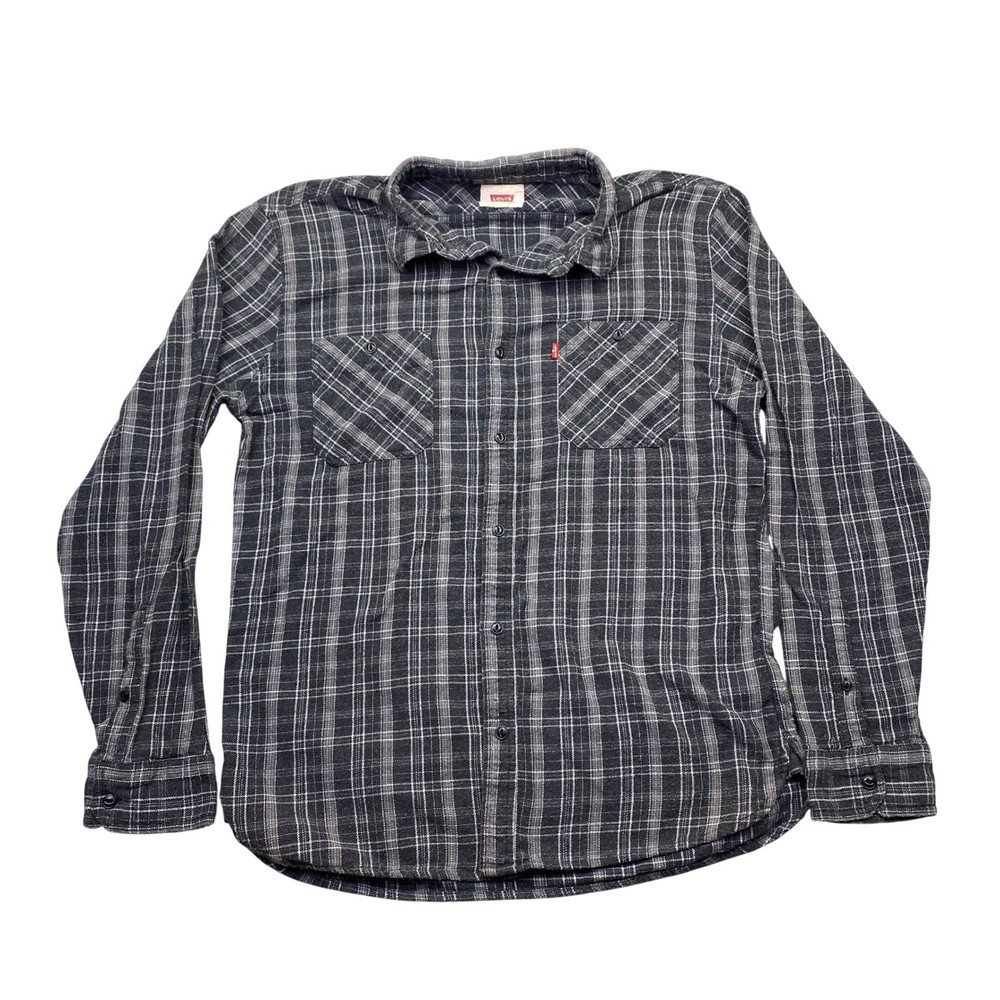 Levis Mens Large Gray White Plaid Flannel Button Down Shirt 100% Cotton L