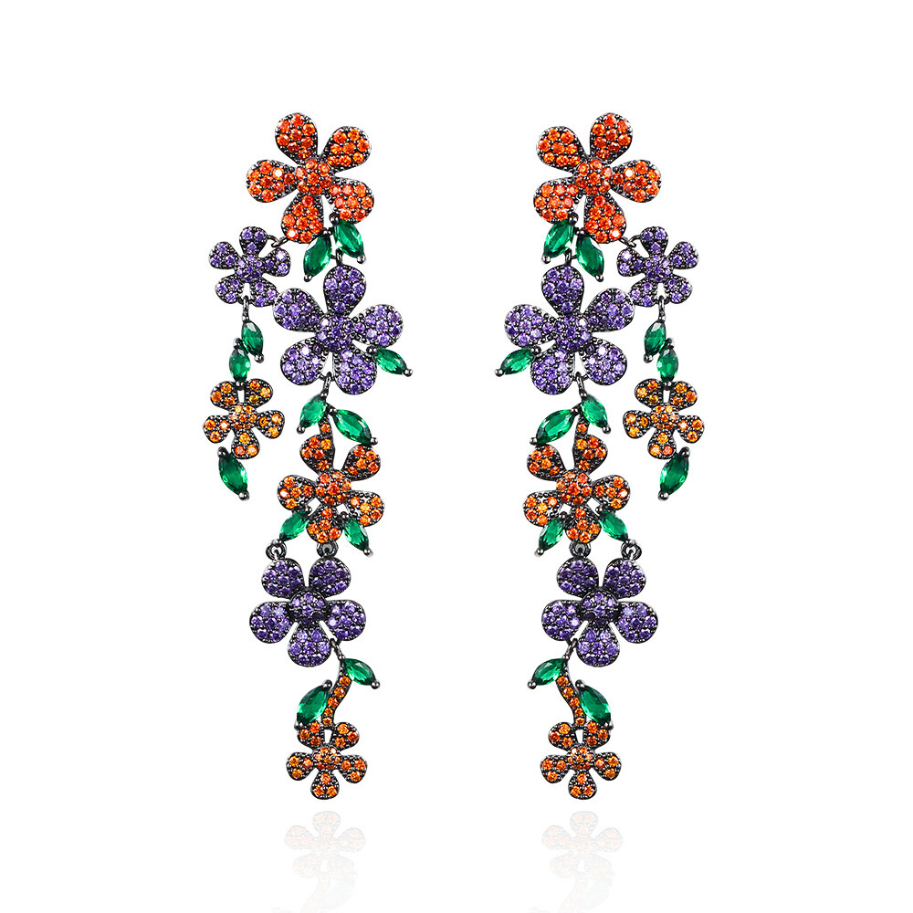 Black Gold Plated Flower Drop Long Earrings Women Cubic Zirconia Wedding Jewelry