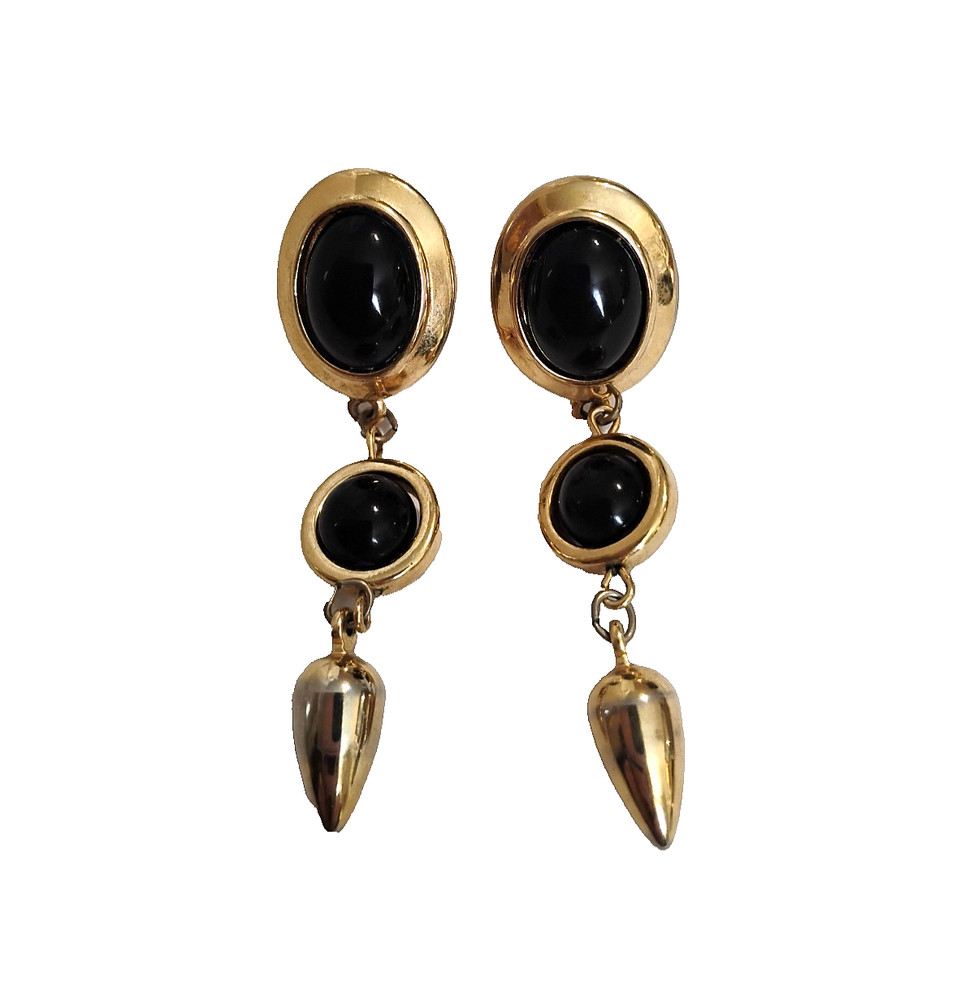 Vintage Trifari Gold Tone Black Oval 3 Drop/Dangle Earrings