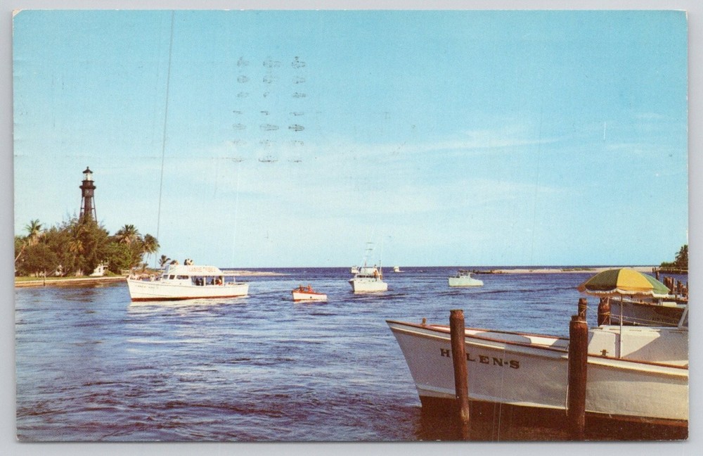 Hillsboro Inlet Lighthouse Pompano Beach FL 1960 Postcard Boats