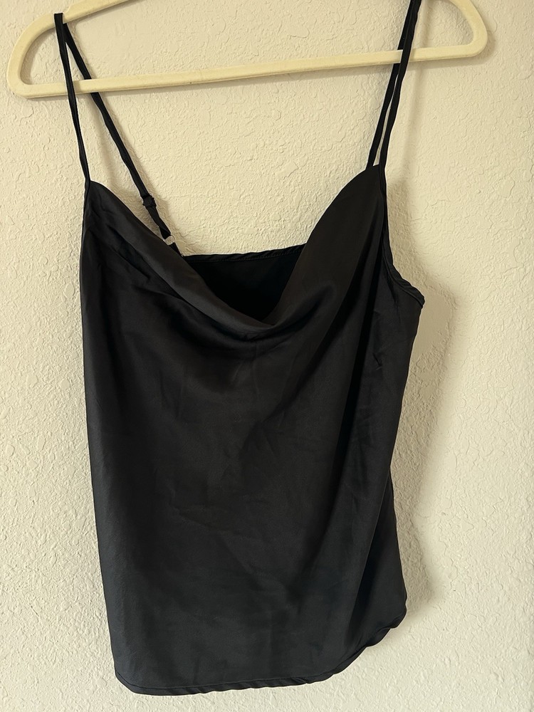 Black Solid Cowl Neck Spaghetti Strap Sleeveless Polyester Camisole Tank Top