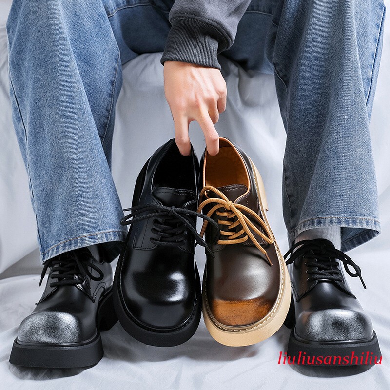 British Round Toe Mens Lace Up Formal Dress Thick Soled Casual Party Derby Shoes