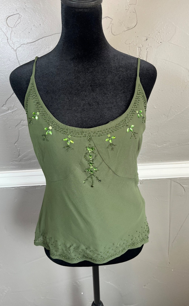 Nine & Co Babydoll Top Women's Size 8 Green Beaded Y2K Cami Festival NWT