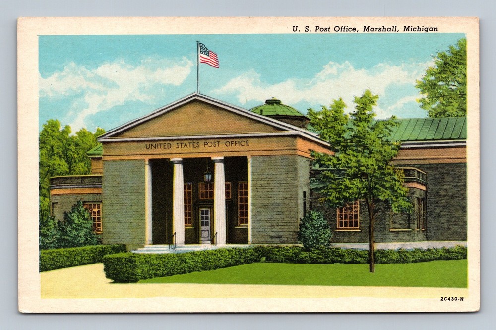 Vintage U.S. Post Office Marshall Michigan Linen Postcard Curteich 2C430-N