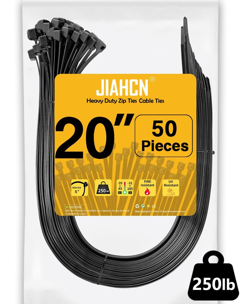20 Inch Long Zip Ties (50 Pieces) Heavy Duty 250lbs Black Cable Ties Industri...