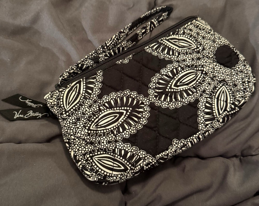 Vera Bradley Small Clutch Wristlet Wallet Makeup Pouch Black White Floral