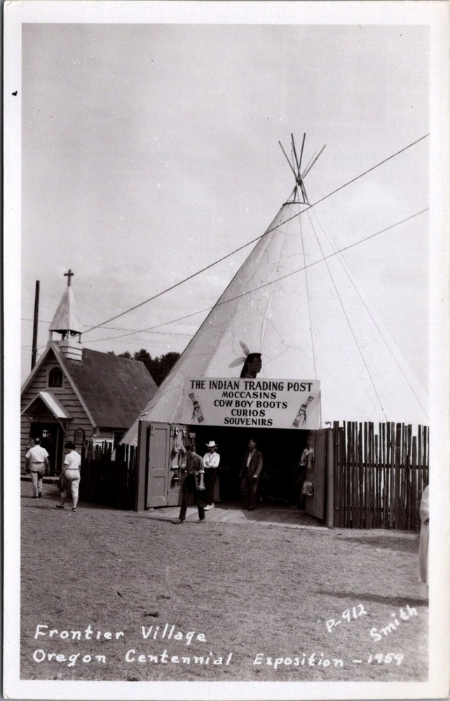1959 Oregon Centennial Frontier Village Indian Trading Post RPPC Devolite