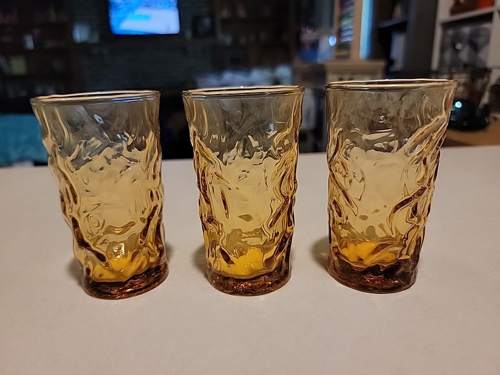 Set Of 3 Vtg Libbey Aztec Gold Crinkle 4 Oz Juice Glasses 1960's