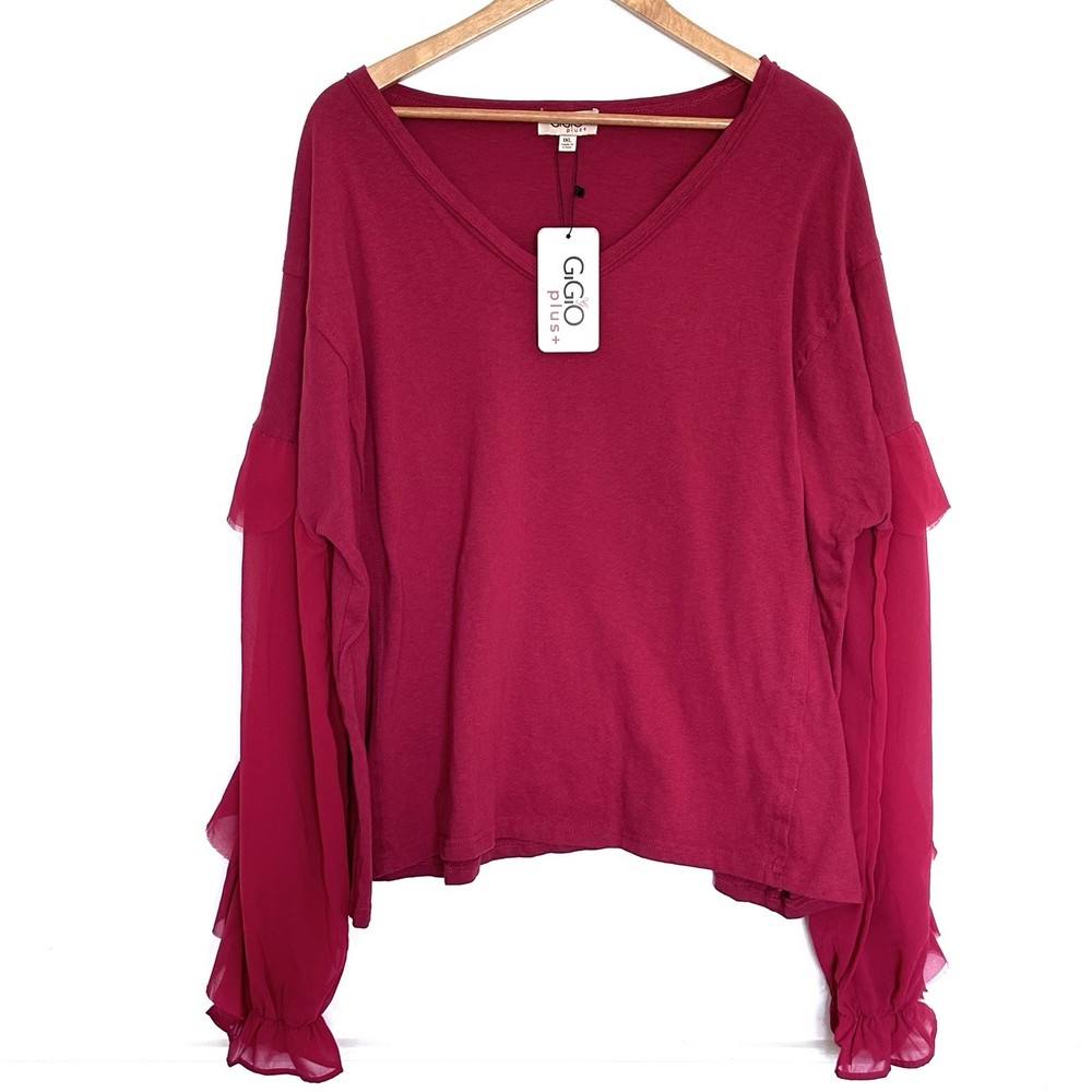 NWT Gigio Plus Shirt Women’s 1XL Red Long Sheer Ruffle Sleeve V Neck Blouse Top