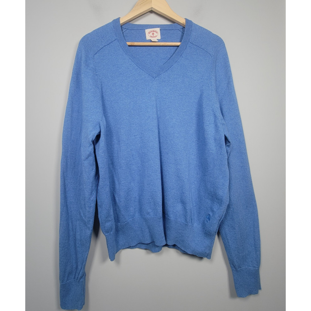 Brooks Brothers Red Fleece Mens L V Neck Cotton Cashmere Sweater Blue