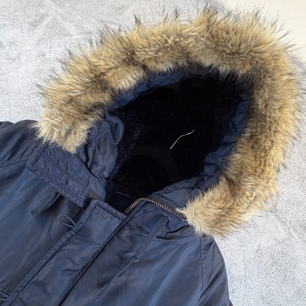 Abercrombie & Fitch Men’s Hooded Parka Jacket Medium Navy Faux Fur Trim Coat