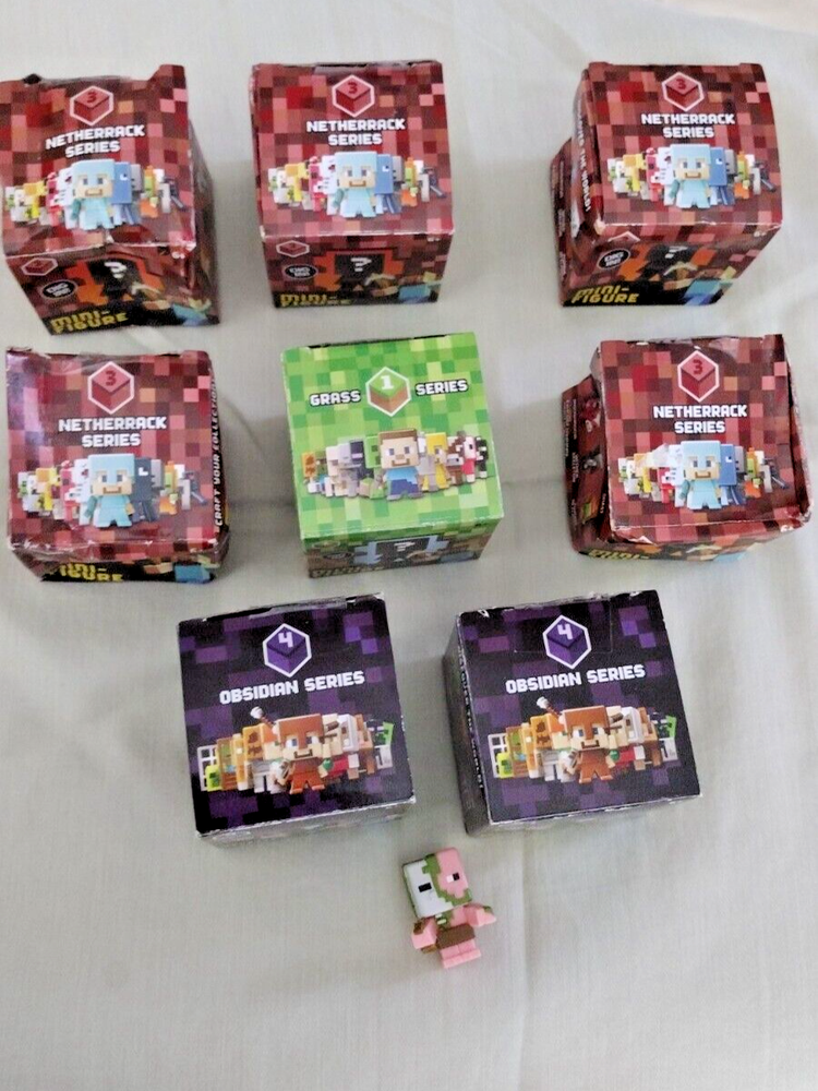 Minecraft Minifigure Lot - 9 Pieces Including Grass, Netherrack, Obsidian Series