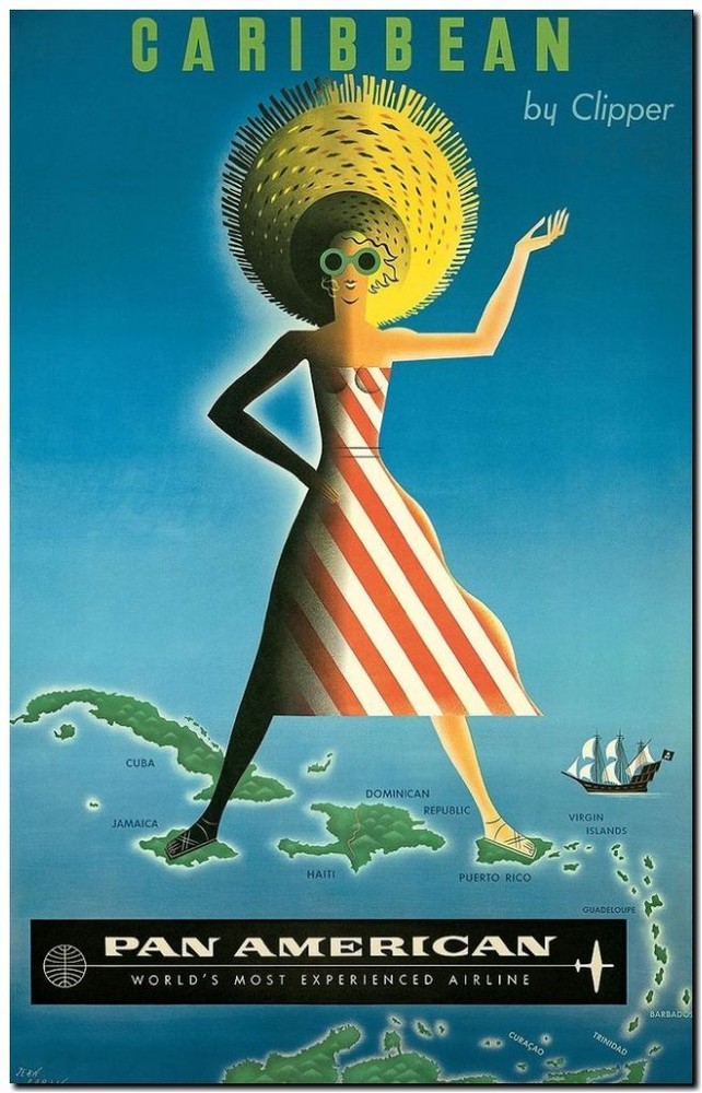 Cool Retro Travel Poster *FRAMED* CANVAS ART Caribbean map girl 24x16