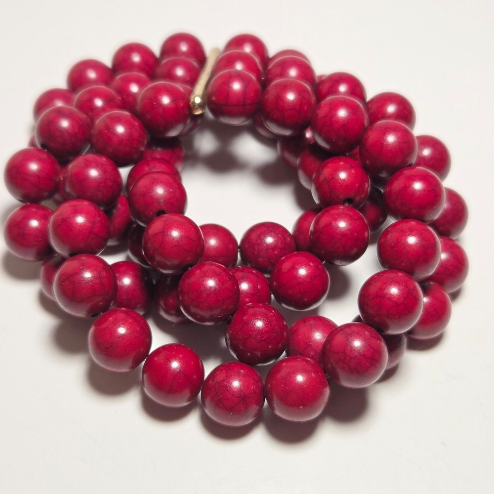 Vintage Multi-Strand Red Howlite Beaded Bracelet Gold-Tone Accent Stretch Boho