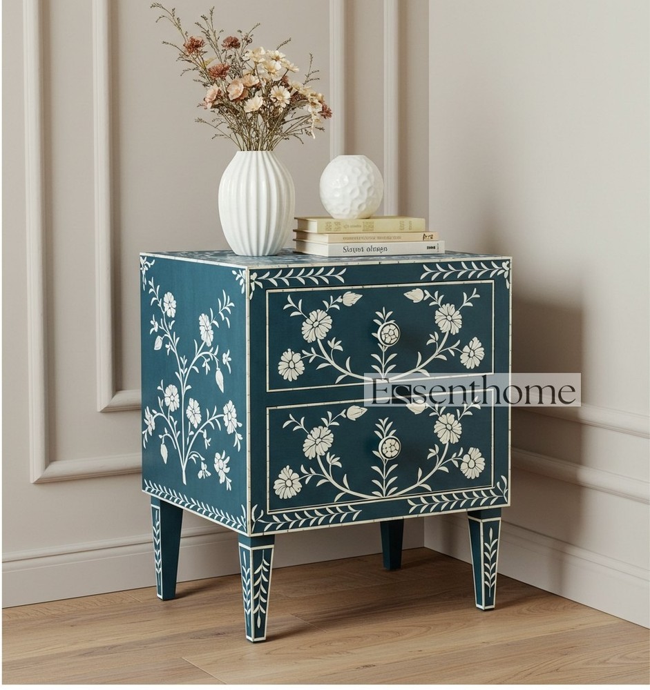 Handmade Bone Inlay Bedside Table with Green Floral Pattern and 2 Drawers