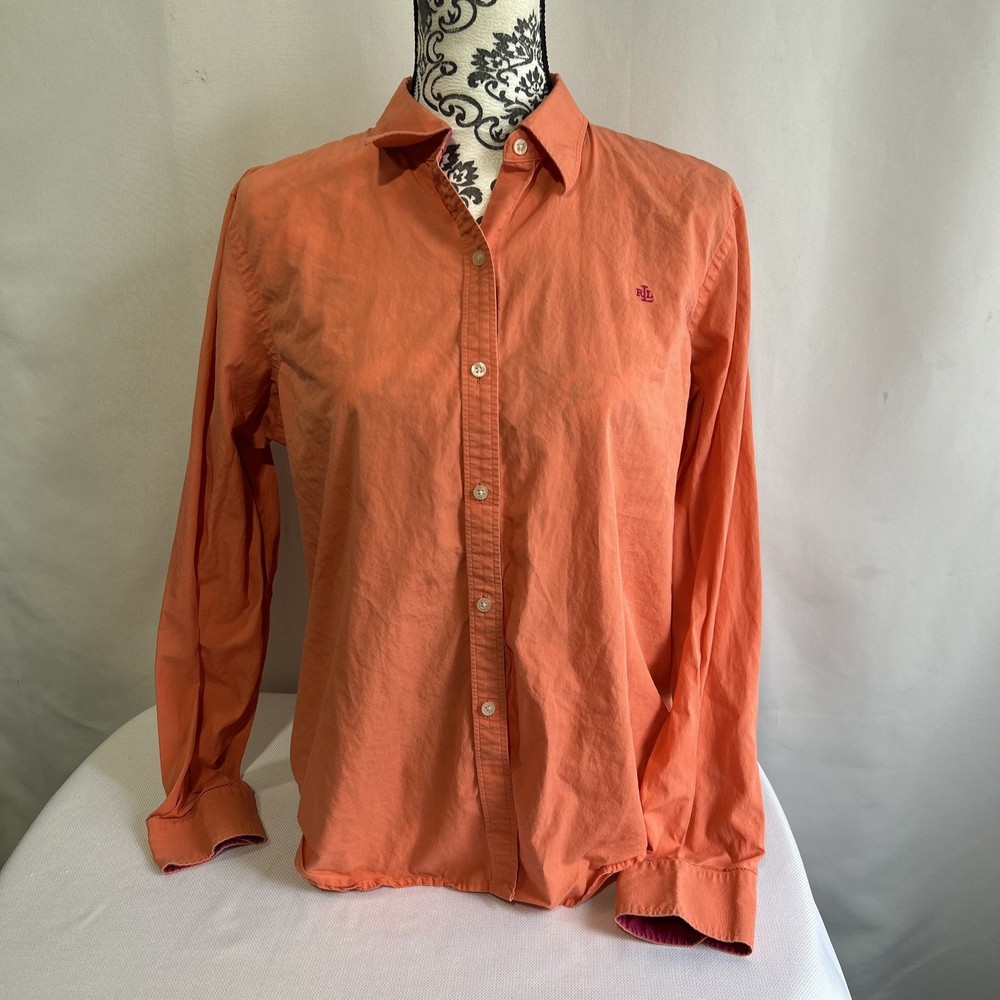 Lauren Ralph Lauren Womens Button Up Shirt Size L Cotton Orange Long Sleeves