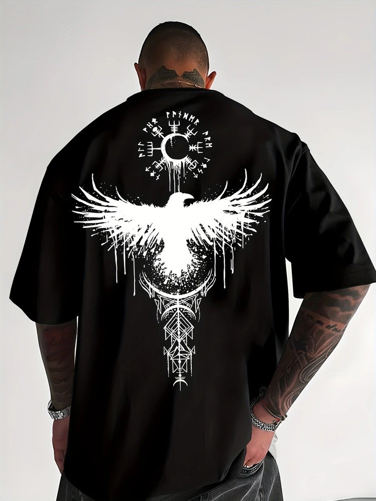 Viking Raven T-Shirt Norse Mythology Odin Symbol Graphic Mens Black Tee