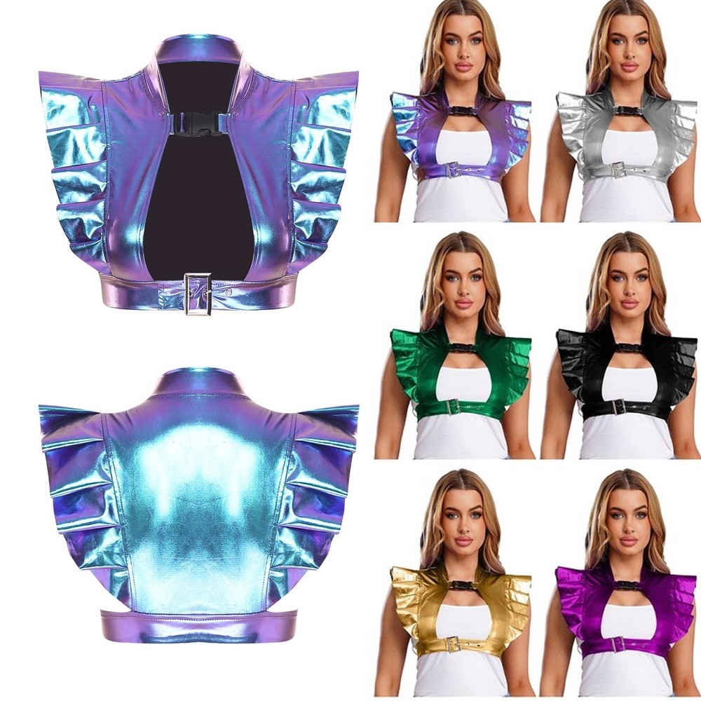 US Womens Shiny Metallic Rave Party Armor Costume Ruffled Trim Shrug Crop Tops