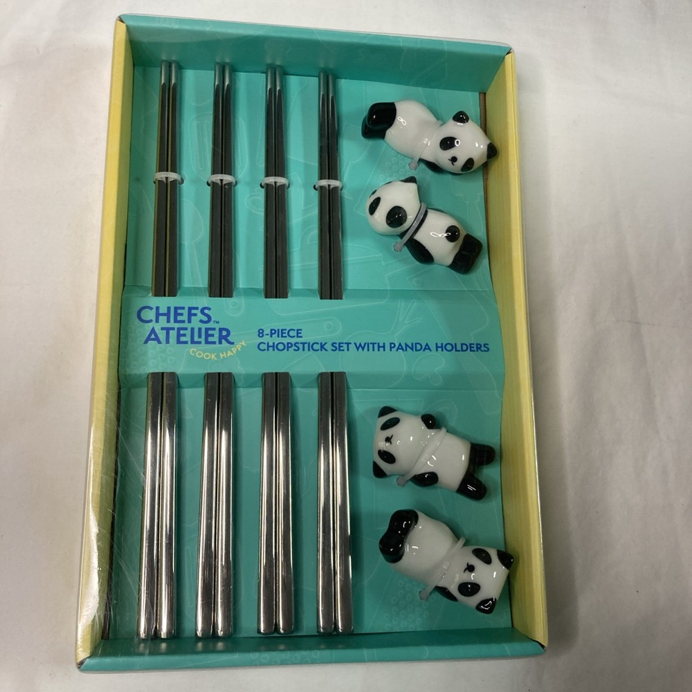 NEW Chefs Atelier Stainless Chopsticks With Ceramic Panda Holder 8 piece set
