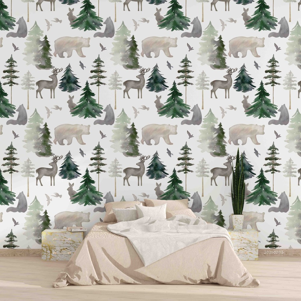 3D Forest Deer Fox Watercolor Pattern Wall Murals Wallpaper Murals Wall Sticker