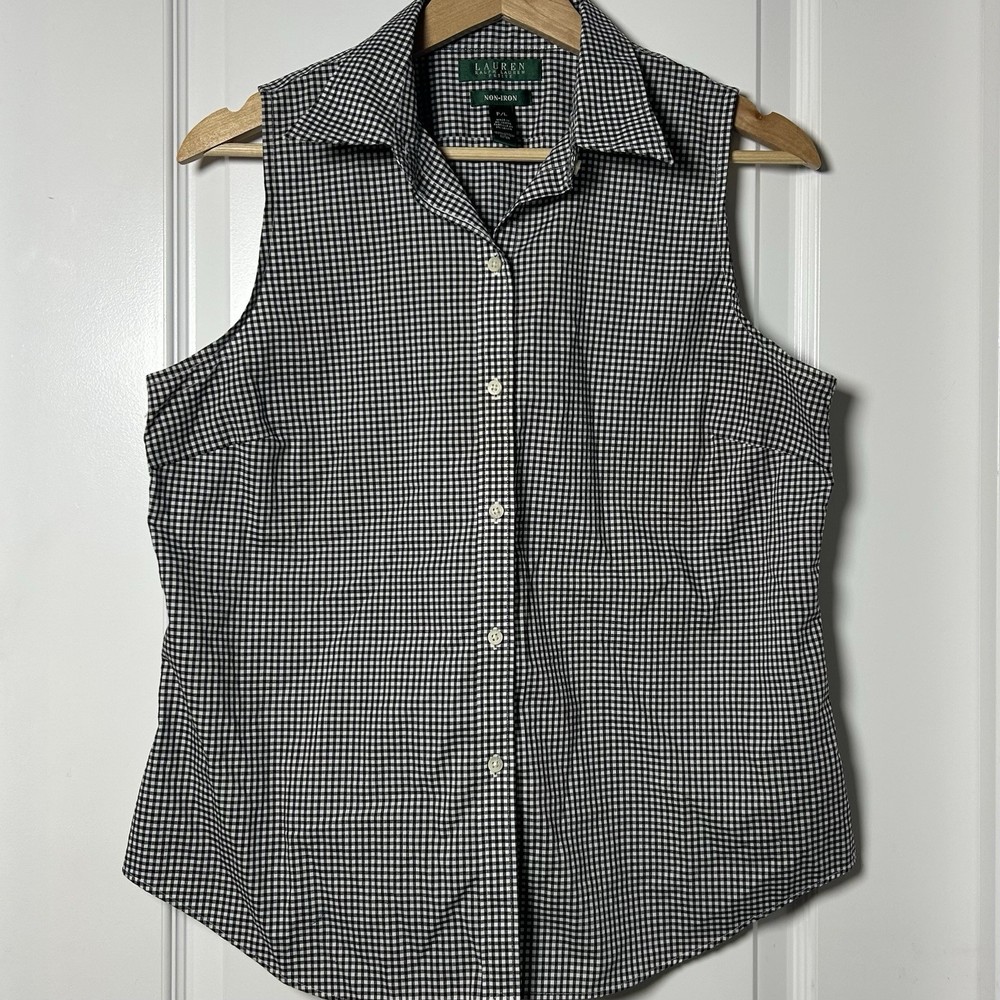Lauren Ralph Lauren 100% Cotton Black White Gingham Sleeveless Button Up Shirt