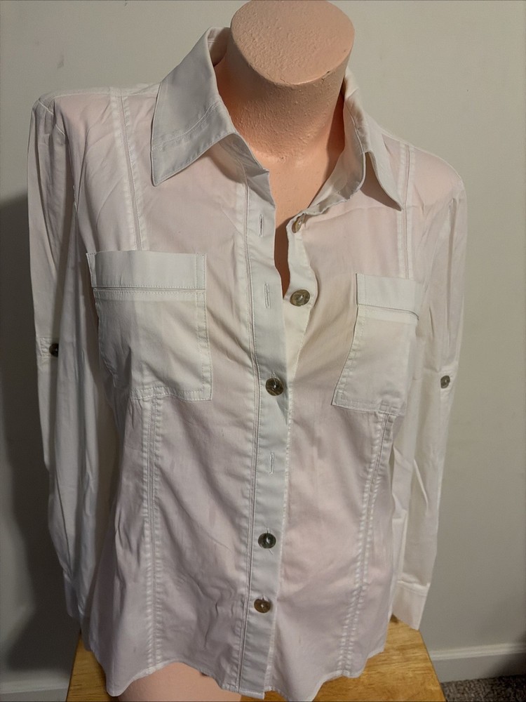St. John SoCa Structured Button Front Blouse Long Sleeve Sz 6 w/pockets