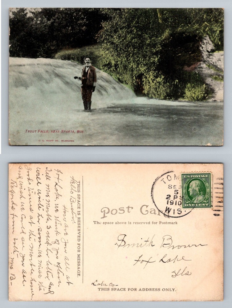 Sparta, WI-Wisconsin, Trout Falls Man Fishing Scene c1910 Vintage Postcard