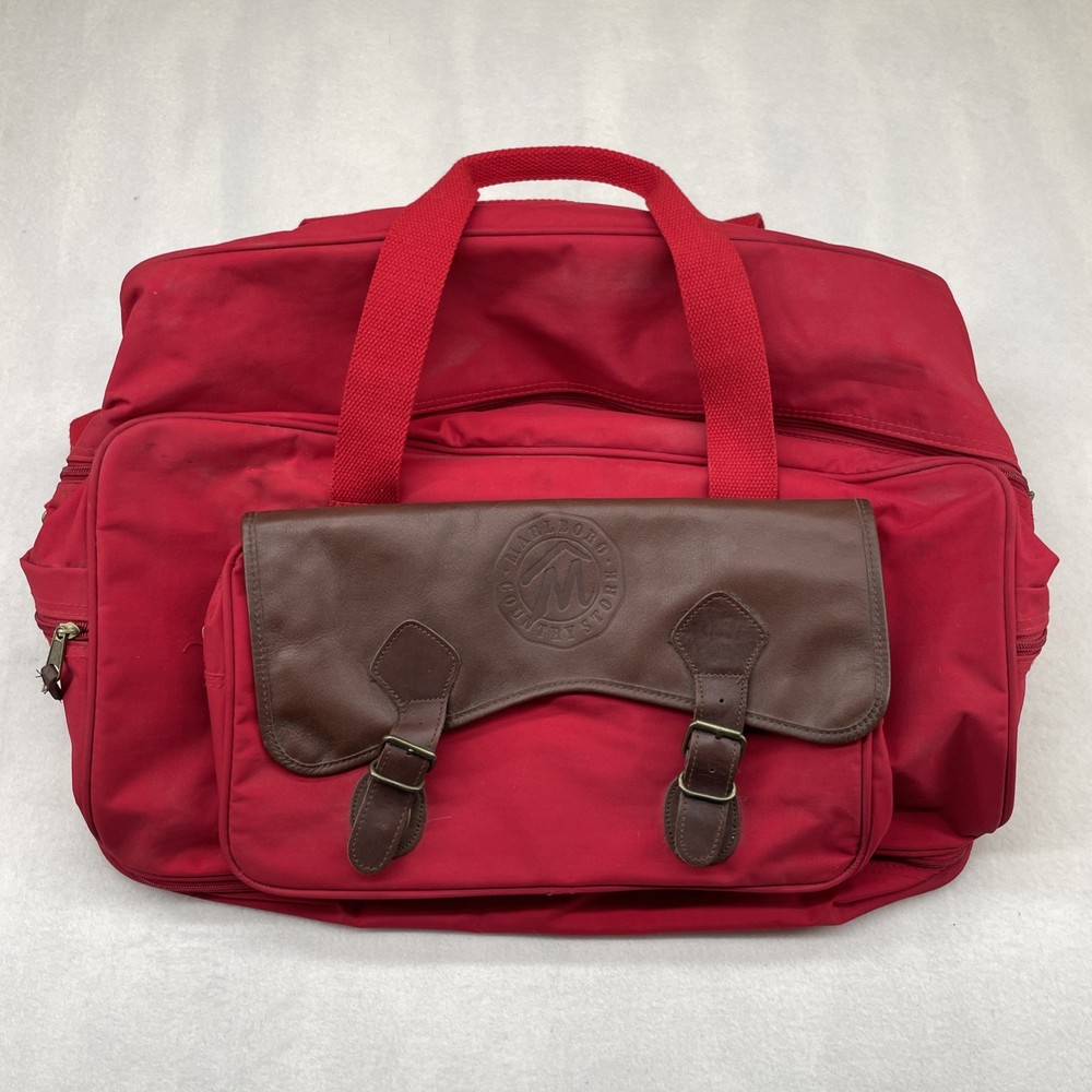Marlboro Country Store Red Brown Canvas Leather Shoulder Travel Duffle Bag Plaid
