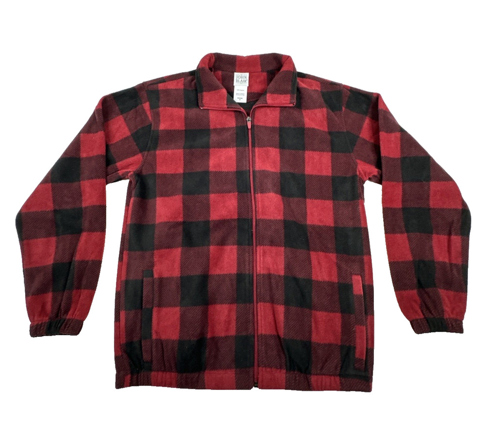 John Blair Full Zip Black & Red Buffalo Plaid Fleece Jacket. Men's Size M