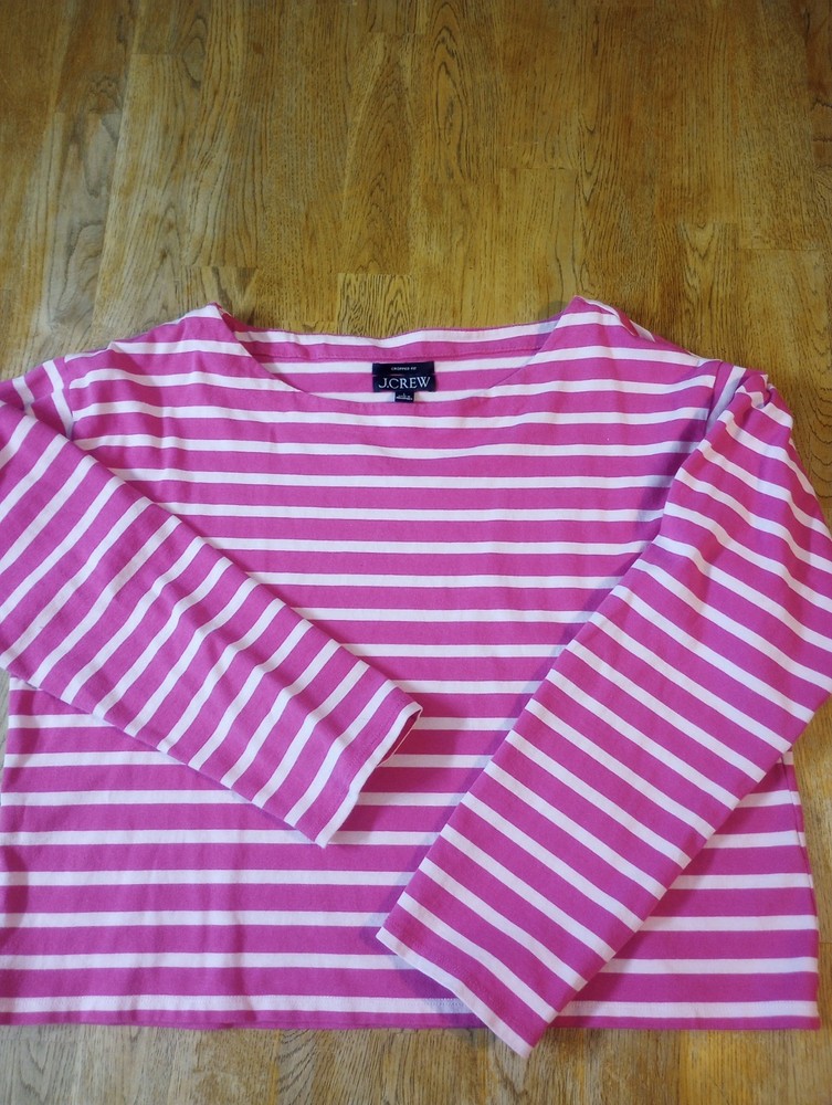 Women's LG Pink Striped Cropped Boatneck Top L Slv Cotton Nautical Paris Preppy