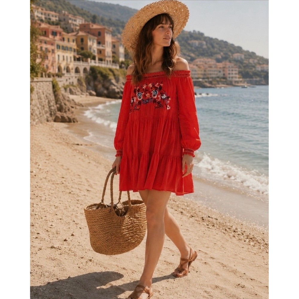 Free People Red Embroidered Off The Shoulder Tiered Boho Mini Dress Womens Small