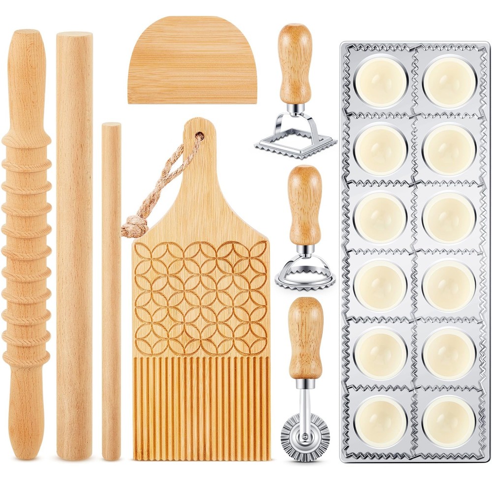 Tioncy 9 Pcs Pasta Making Tool Set, Wood Gnocchi Board with Ravioli Mold Ravi...