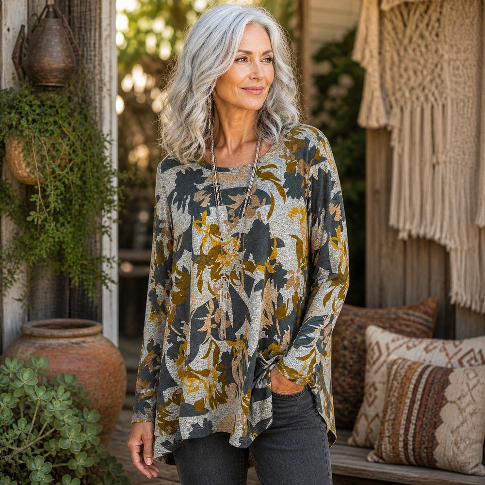 LOGO Lori Goldstein French Terry Top Sz L Floral Tunic Boho Chic Asymmetric