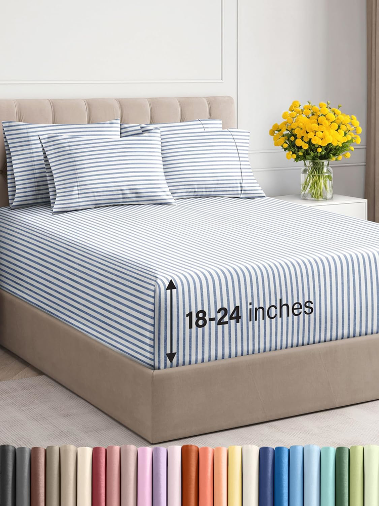 Extra Deep 6-Piece King Sheet Set Cool Soft Wrinkle-Free Blue Stripes