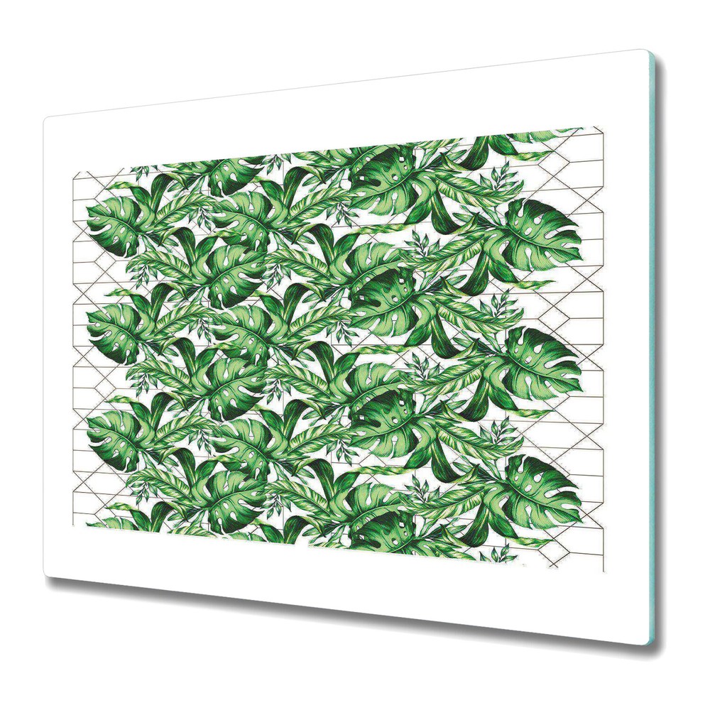 Glass Kitchen Chopping Board Geometric lines and Tropical Leaves 60x52