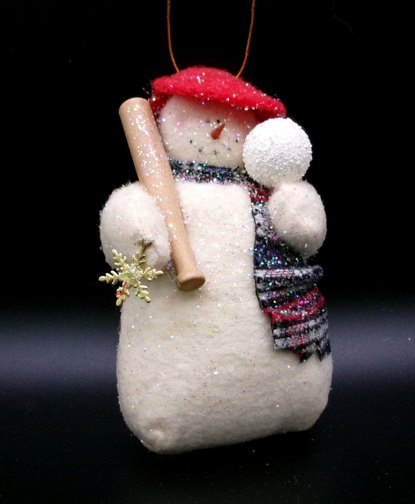 BASEBALL LOVERS FABRIC SNOWMAN WITH BASEBALL, CAP AND BAT CHRISTMAS ORNAMENT NEW