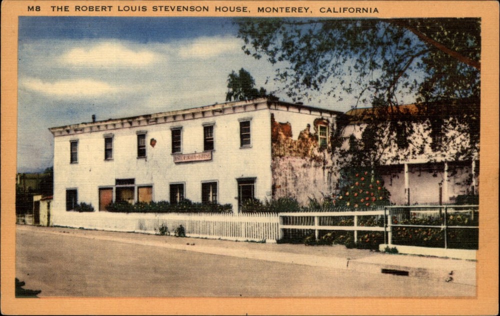 Monterey California Robert Louis Stevenson House fence flowers linen postcard