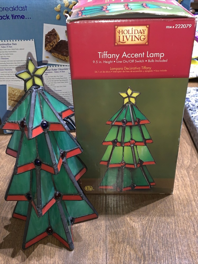 Holiday Living Tiffany Accent Lamp Green Christmas Tree Stained Glass 9.5