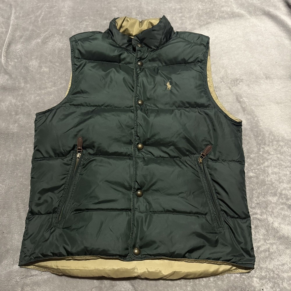 Vintage Polo Ralph Lauren Mens Reversible Down Filled Puffer Vest Green Tan Sz M