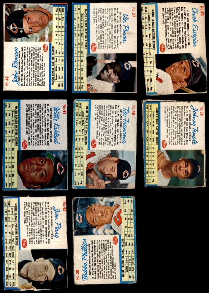 1962 Post Cereal Indians Near Team Set 1.5 - FAIR 6699828 (8 / 9 cards)