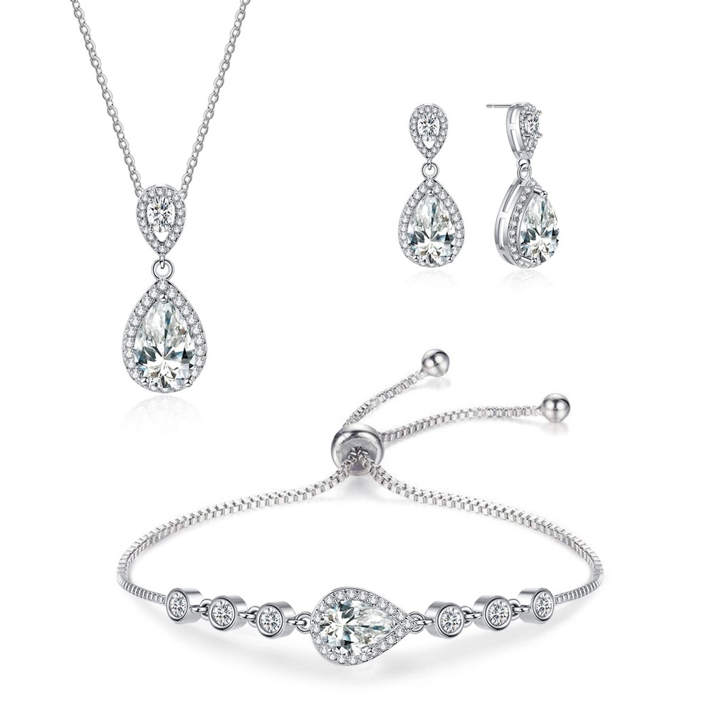 DHQH 4PCS Wedding Jewelry for Bridesmaid Cubic Zirconia Teardrop Necklace Ear...