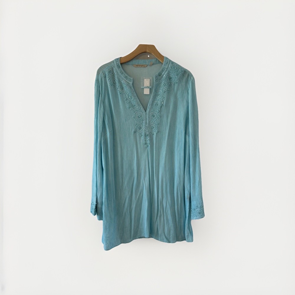 Soft Surroundings XL Light Blue Beaded Sequin Crinkle Rayon Tunic Top 2G296