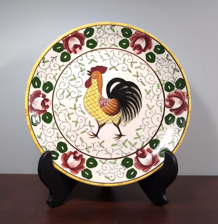 50's Vintage UCAGCO Rooster & Roses Provincial Dinner Plate 9.5” Farmhouse Decor