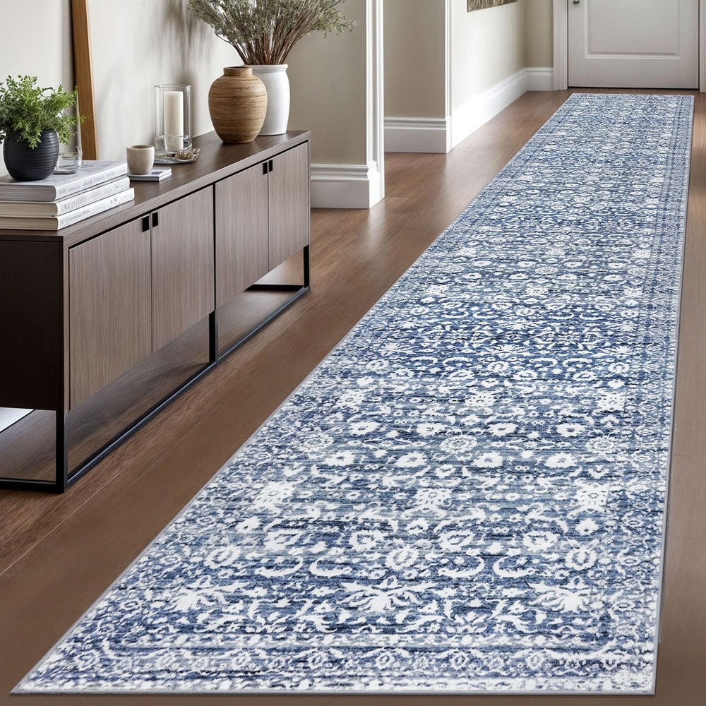 Runner Rug 2.6x16, Light Blue White Washable Long Hallway Rug Runner Non-Slip...