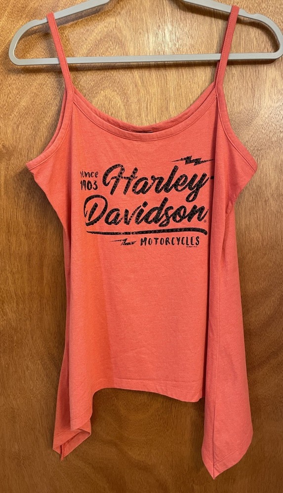 Harley Davidson Red Tank top Womens SZ Large black Sequin shark bite hem