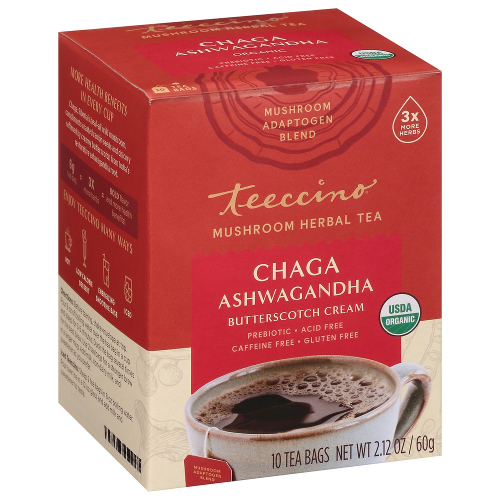 Teeccino Herbal Tea with Ashwagandha & Mushroom 10 Bags Pack of 6