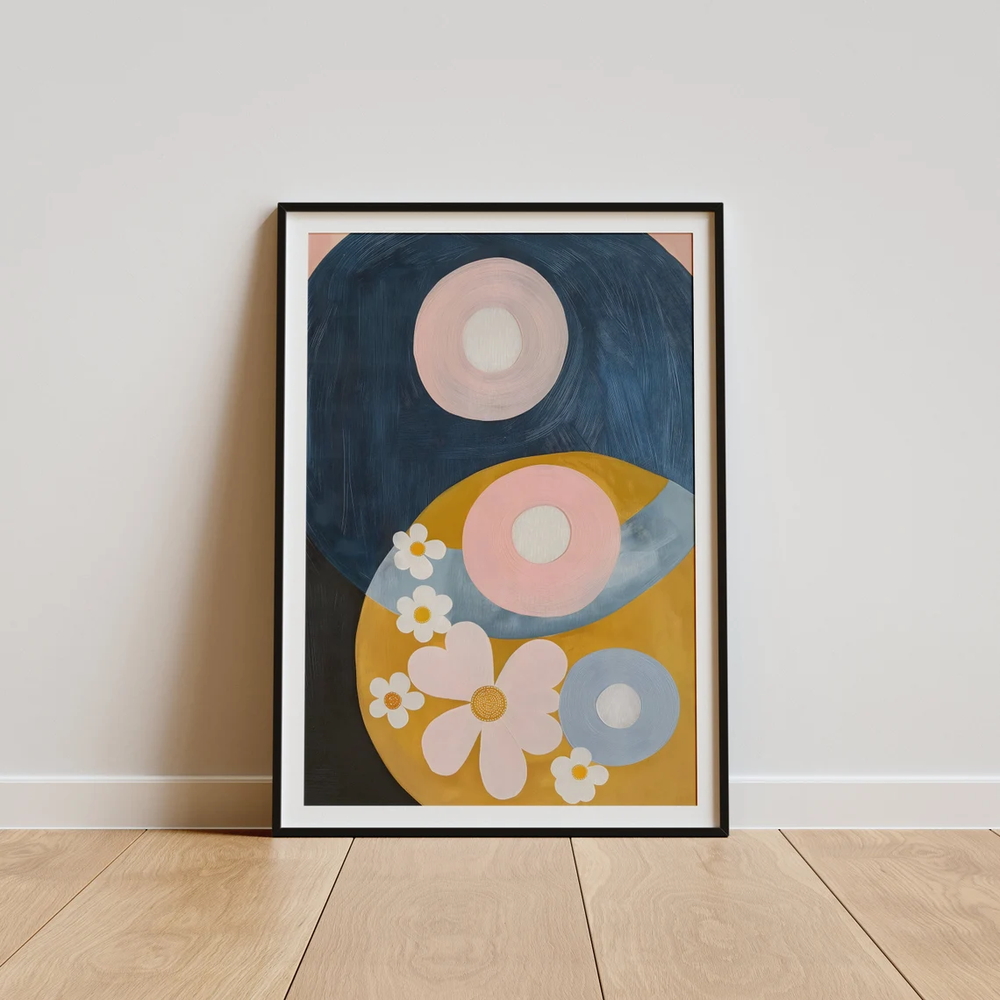 White & Pink Flower with Abstract Circle Poster Premium Quality Choose your Size